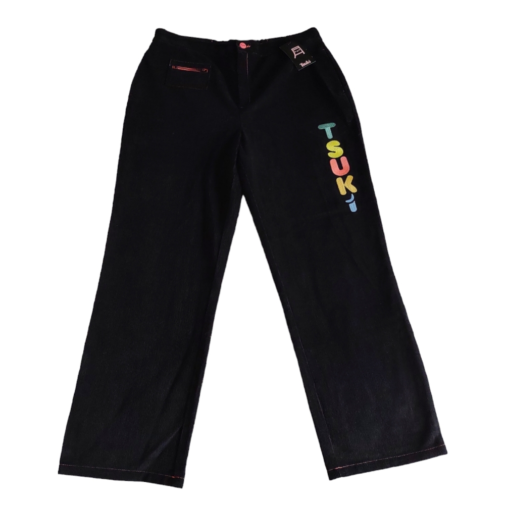 NWT TSUKI Market Size 34 Mischief Corduroy Trouser Spellout Leg Pants